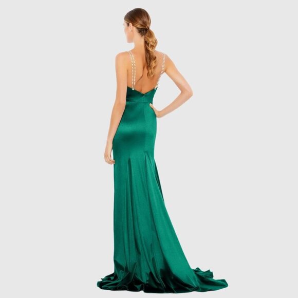 NWT Mac Duggal Charmeuse Rhinestone Strap Trumpet Gown Emerald 2 #8277 - Picture 3 of 7